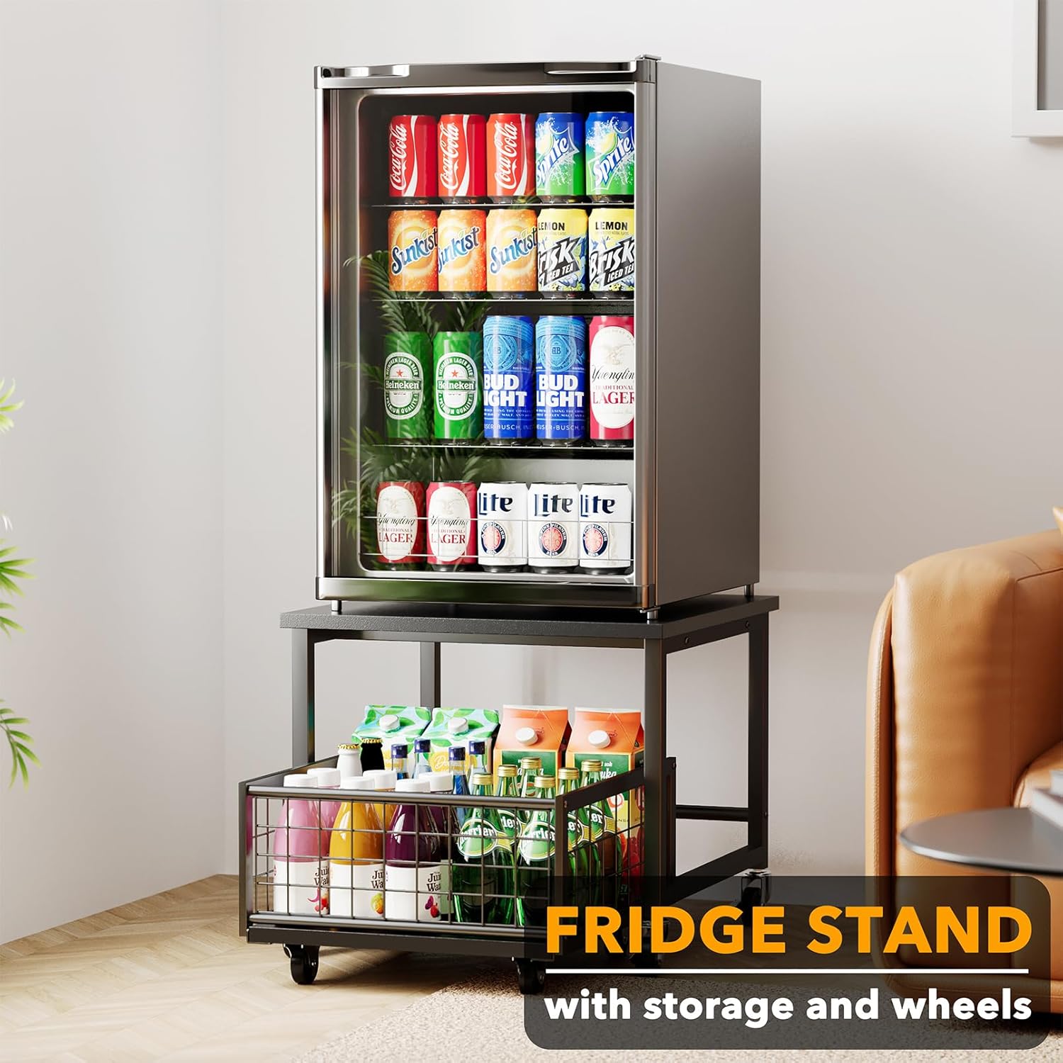 SpaceAid Mini soporte para refrigerador con almacenamiento, 19.7 pulgadas de ancho x 19.7 pulgadas de profundidad, mesa de soporte móvil resistente para refrigerador con ruedas, organizador de carrito