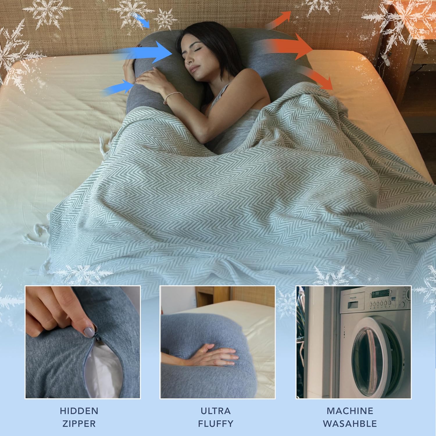 PharMeDoc - Almohada de embarazo de cuerpo entero en forma de U, funda refrescante gris oscuro, para embarazo, dormir, para adultos, maternidad, artículo imprescindible para el embarazo