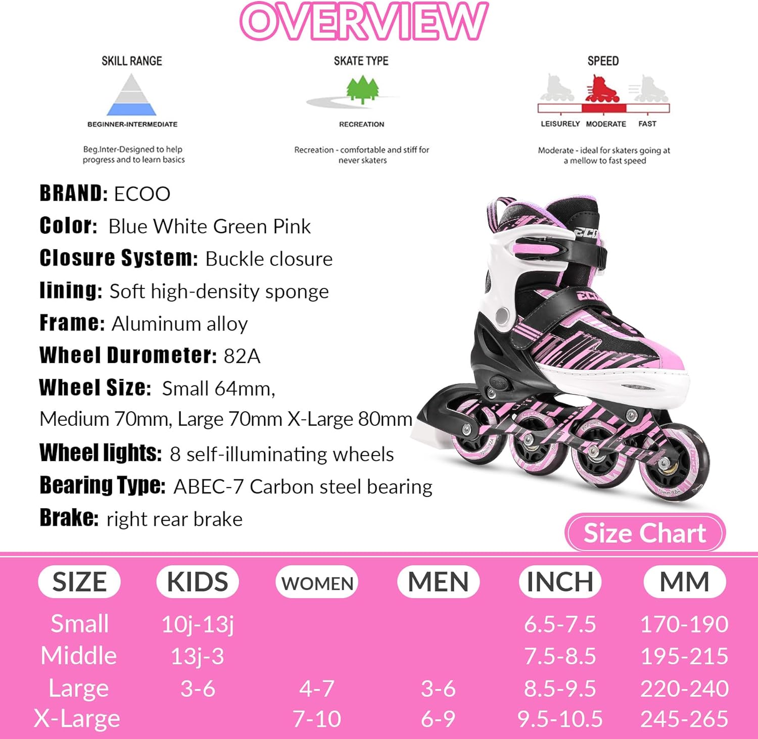 Patines en línea ajustables para niños y niñas con ruedas iluminadas, patines para niños de 4 a 12 años, patines para adolescentes para principiantes en exteriores e interiores