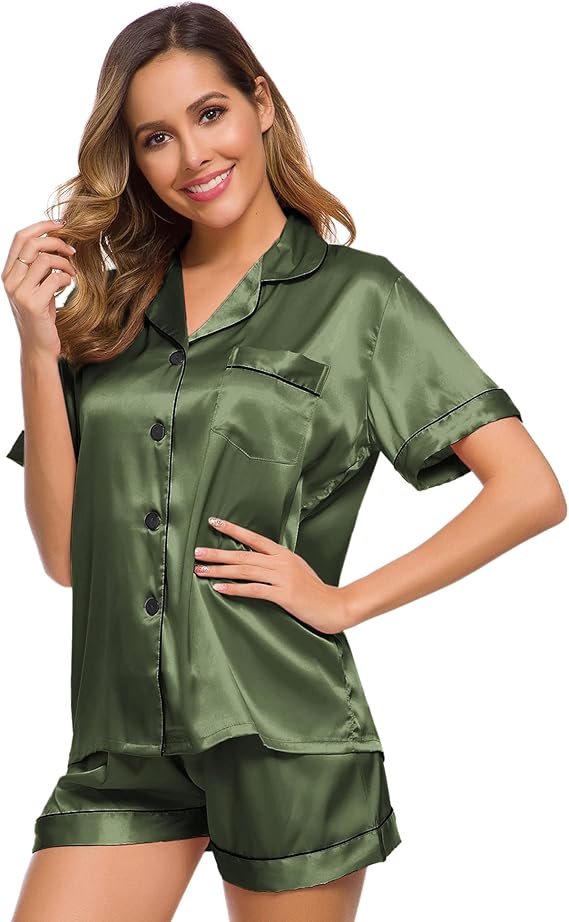 SWOMOG - Conjunto de pijama de satén de seda para mujer, ropa de dormir de manga corta con botones y pantalones cortos, conjunto de pijama de 2 piezas, tallas