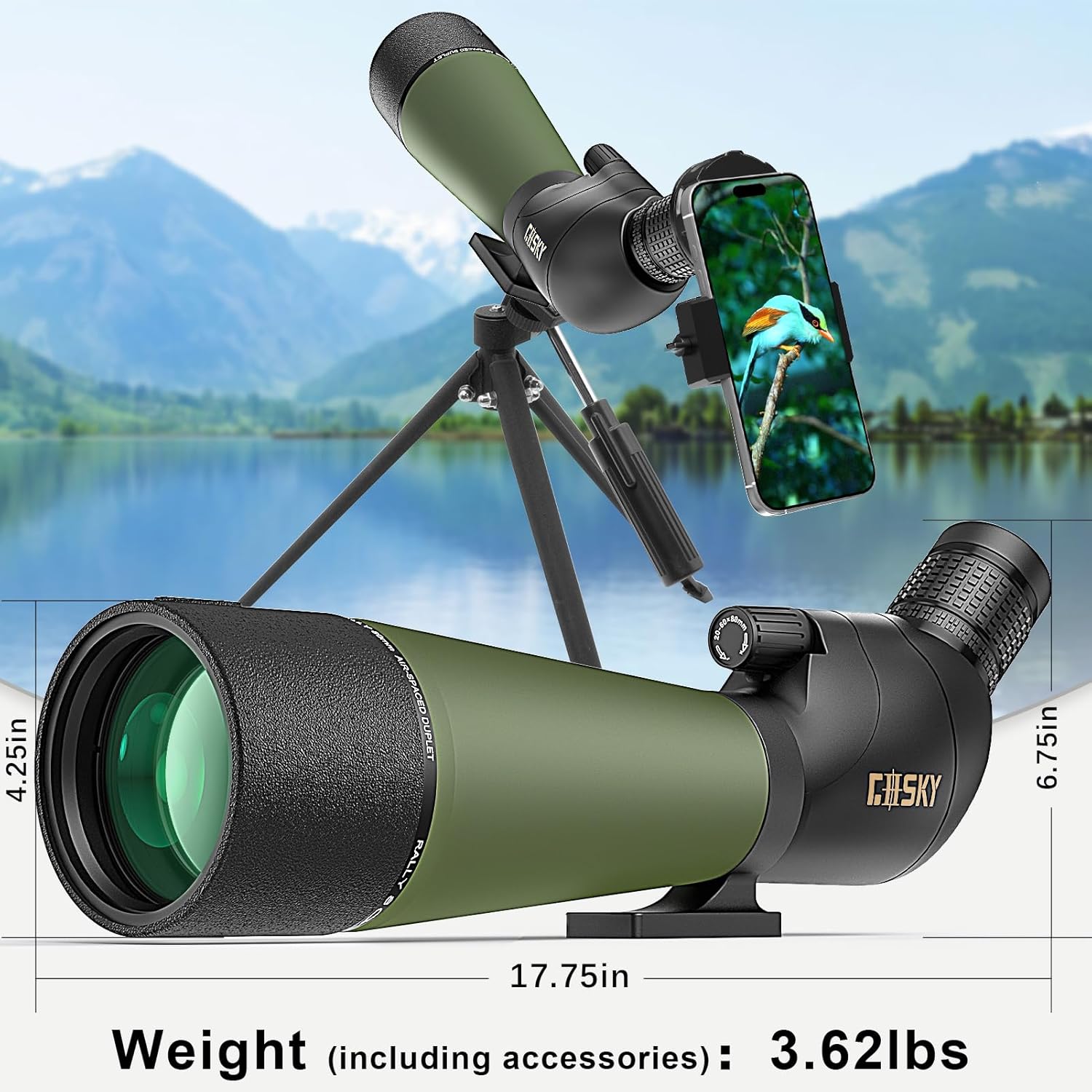Gosky Alcances de localización actualizados de 20 a 60 x 80 pulgadas con trípode, bolsa de transporte y soporte rápido para teléfono, alcance impermeable de alta definición BAK4 para observar aves y paisajes de vida silvestre