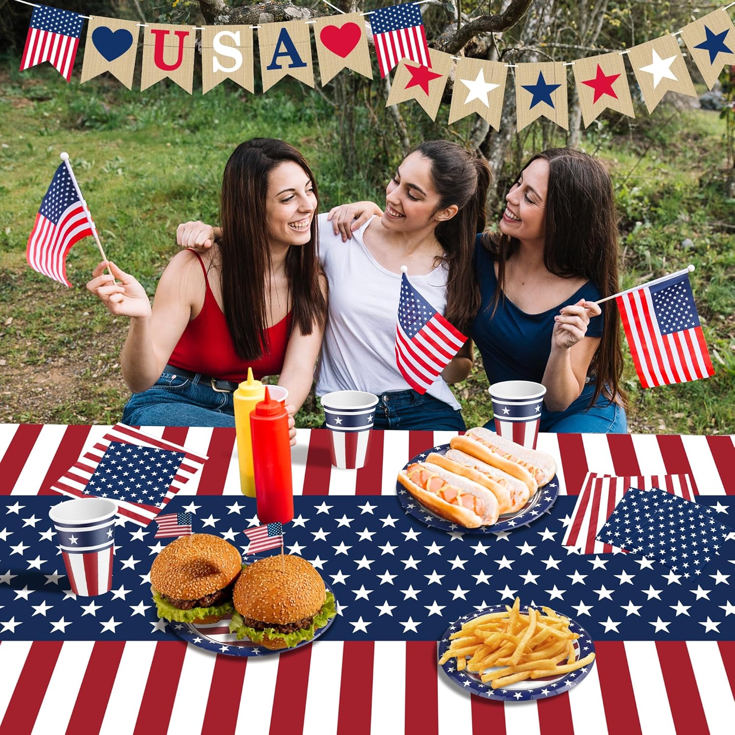 50% off Patriotic Plates Tablecloth Napkins Cups Banner 
