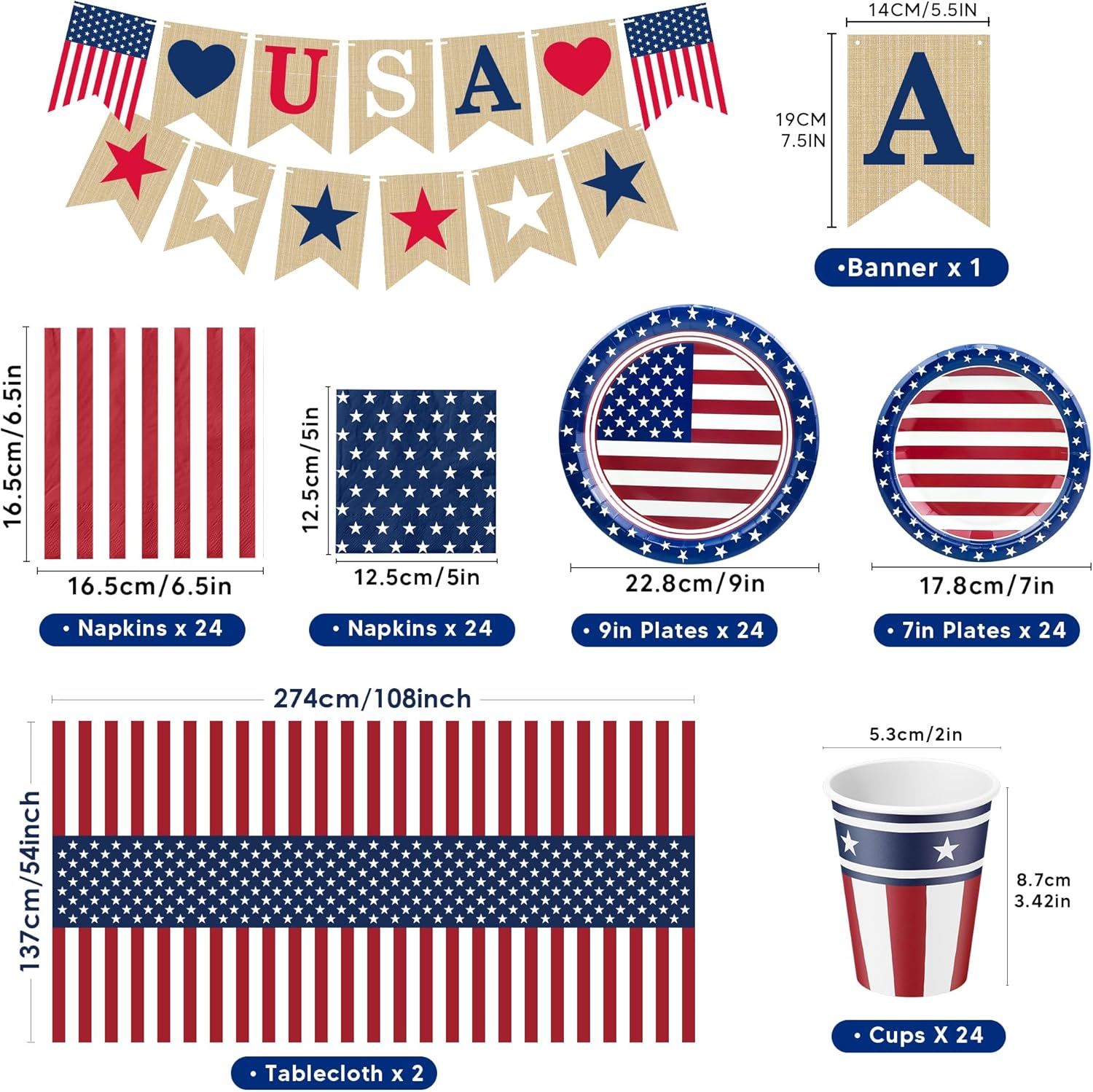 50% off Patriotic Plates Tablecloth Napkins Cups Banner 