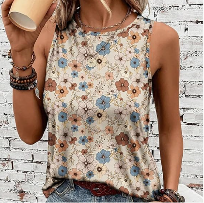 50% off Women's Vintage Graphic Floral Print Crewneck Tank Tops