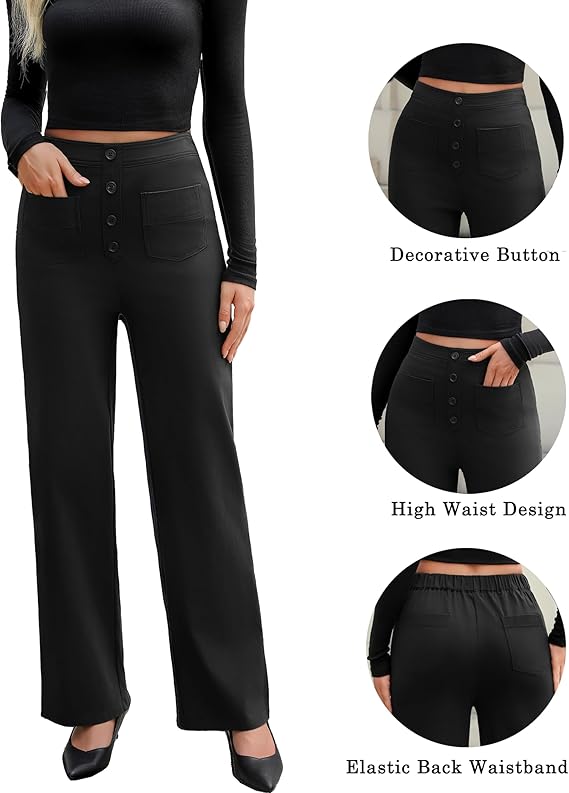 Women's High Waisted Straight Leg Pants Stretchy Business Casual Pants Button Down Work Trousers with Pockets